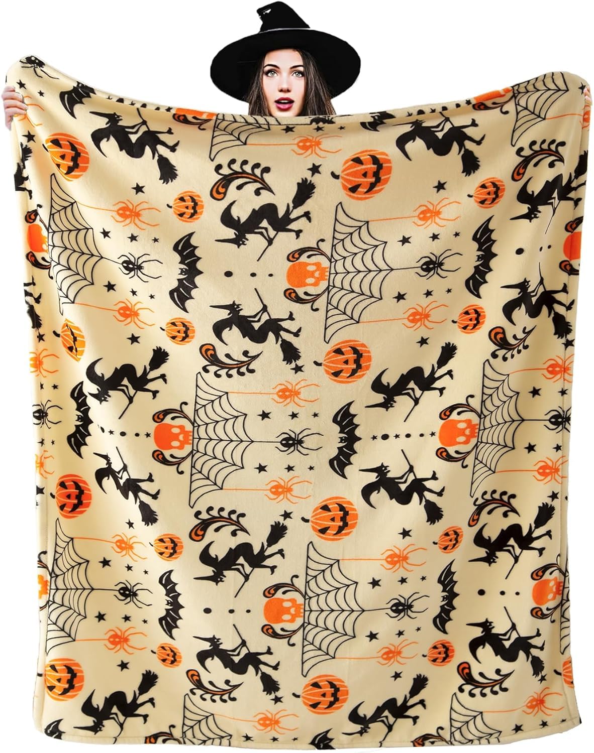 Generic Halloween Throw Blanket Witch Hat Spider Webs Cozy Flannel Multicolor