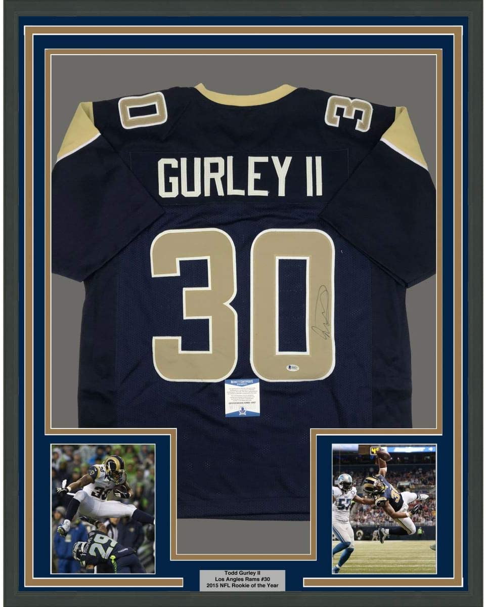 Framed Autographed/Signed Todd Gurley II 35x39 Los Angeles LA Rams Dark Blue Football Jersey Beckett BAS COA