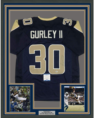 Framed Autographed/Signed Todd Gurley II 35x39 Los Angeles LA Rams Dark Blue Football Jersey Beckett BAS COA
