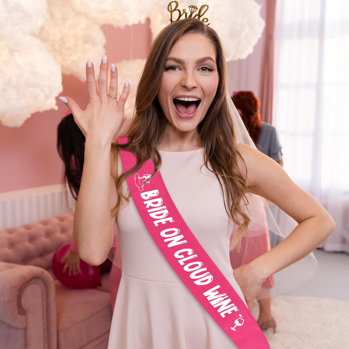Bride on Cloud Wine Sash, Hot Pink Bride to Be Sash Bachelorette for Bridal Shower Wine Theme Bachelorette Party Wedding Hen Party Decorations Engagement Gifts Jokes and Favors(Hot Pink + White)
