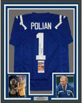 Framed Autographed/Signed Bill Polian HOF 15 35x39 Indianapolis Blue Football Jersey JSA COA