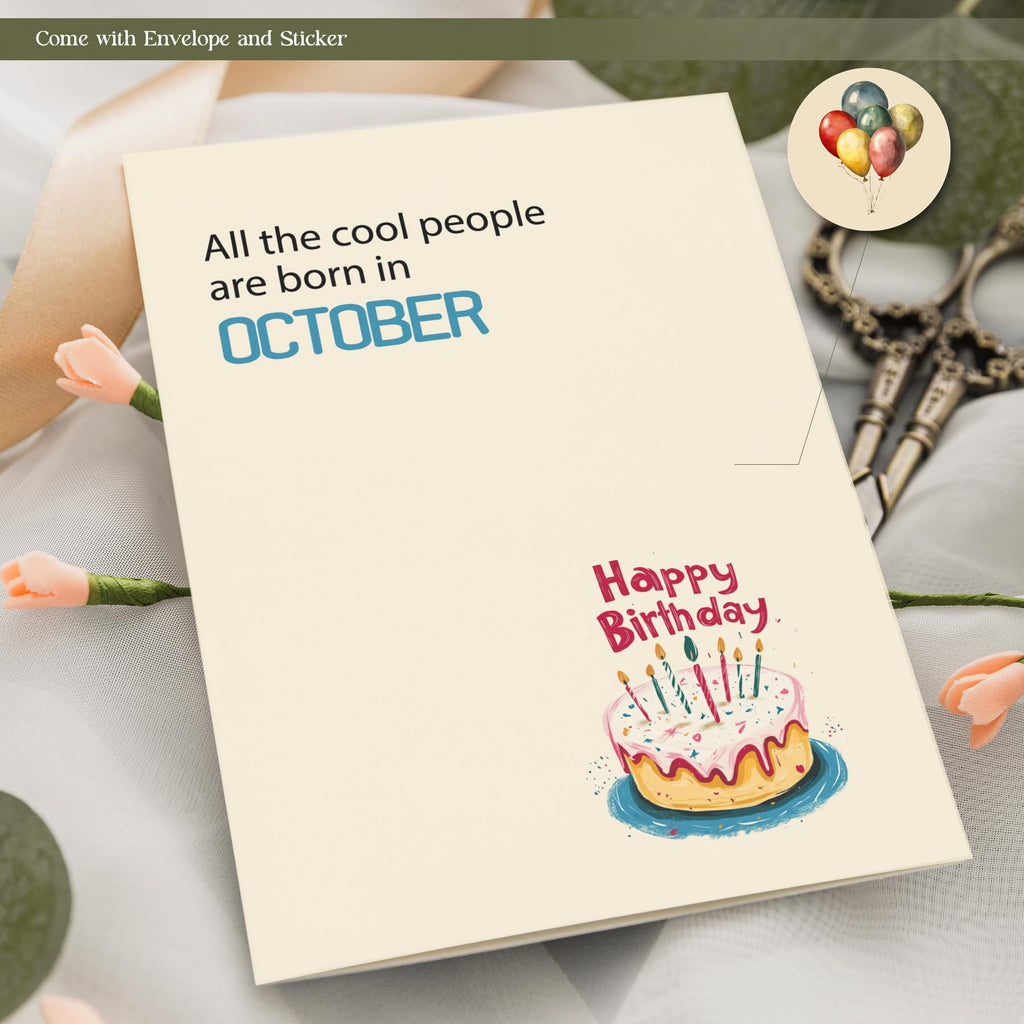 MOSSSH October Birthday Cards with Envelope Sticker Black Letter Print