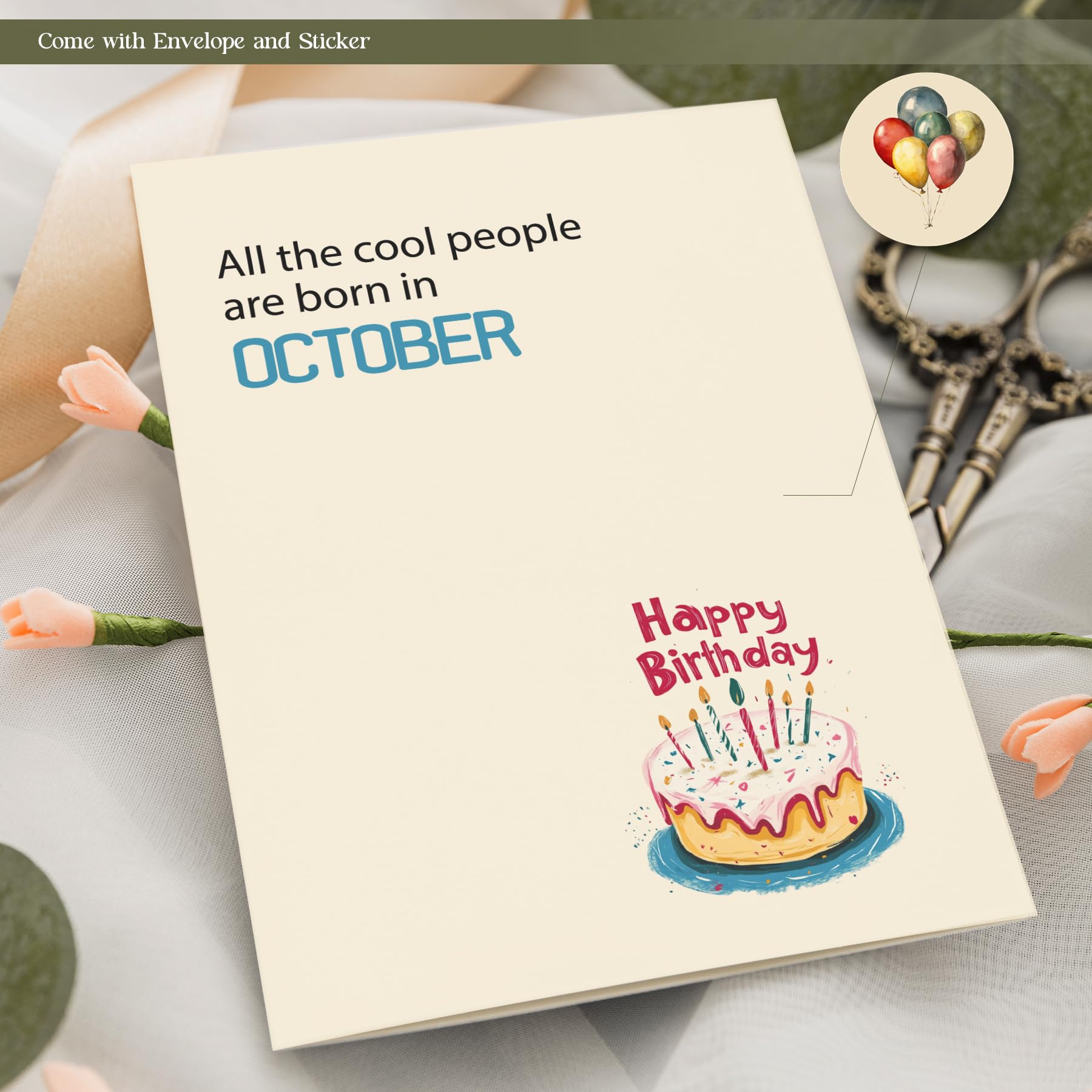 MOSSSH October Birthday Cards with Envelope Sticker Black Letter Print