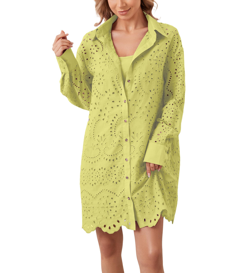 AIHUKOCY Women Hollow Out Button Down V Neck Long Sleeve Mini Dress Yellow M