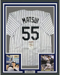 Framed Autographed/Signed Hideki Matsui 35x39 New York Pinstripe Baseball Jersey JSA COA