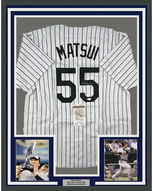 Framed Autographed/Signed Hideki Matsui 35x39 New York Pinstripe Baseball Jersey JSA COA