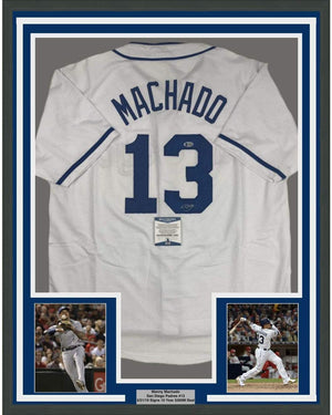 Framed Autographed/Signed Manny Machado 35x39 San Diego White Baseball Jersey Beckett BAS COA