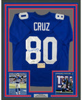 Framed Autographed/Signed Victor Cruz 35x39 New York Blue Football Jersey Steiner Sports COA