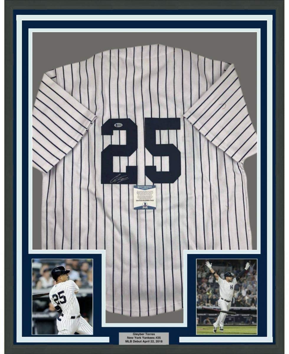Framed Autographed/Signed Gleyber Torres 35x39 New York #25 Pinstripe Baseball Jersey Beckett BAS COA