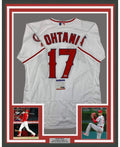 Framed Autographed/Signed Shohei Ohtani 35x39 Los Angeles LA Anaheim White Baseball Jersey PSA/DNA COA
