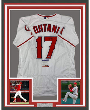 Framed Autographed/Signed Shohei Ohtani 35x39 Los Angeles LA Anaheim White Baseball Jersey PSA/DNA COA