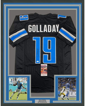 Framed Autographed/Signed Kenny Golladay 35x39 Detroit Black Football Jersey JSA COA