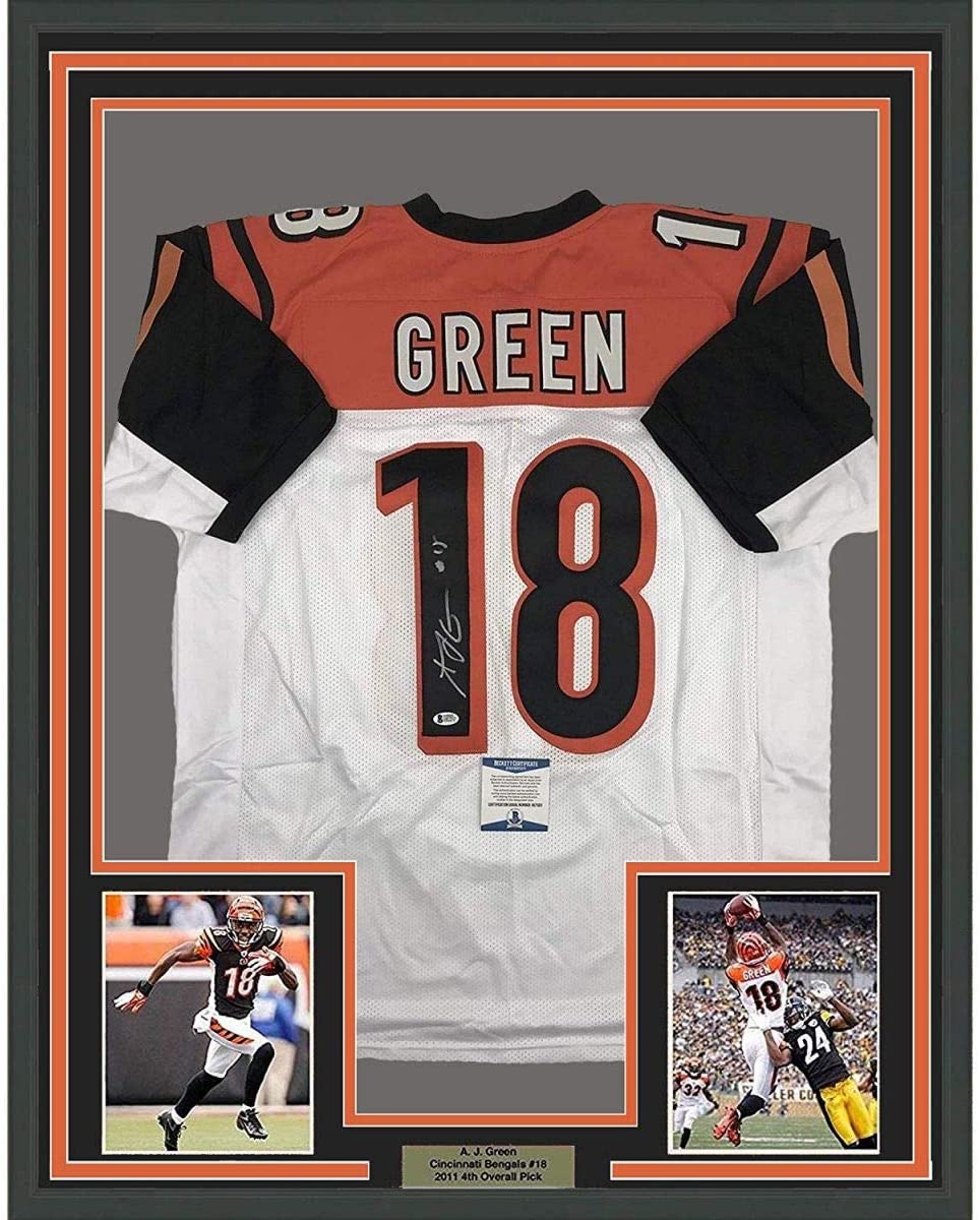 Framed Autographed/Signed AJ A.J. Green 35x39 Cincinnati White Football Jersey Beckett BAS COA