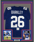Framed Autographed/Signed Saquon Barkley 35x39 New York Blue Football Jersey Beckett BAS COA