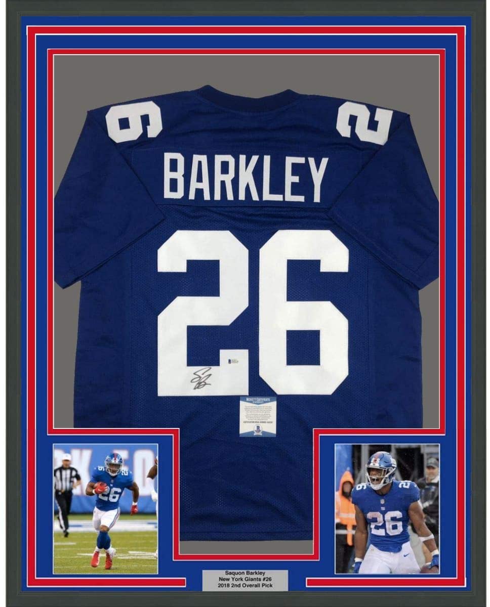 Framed Autographed/Signed Saquon Barkley 35x39 New York Blue Football Jersey Beckett BAS COA
