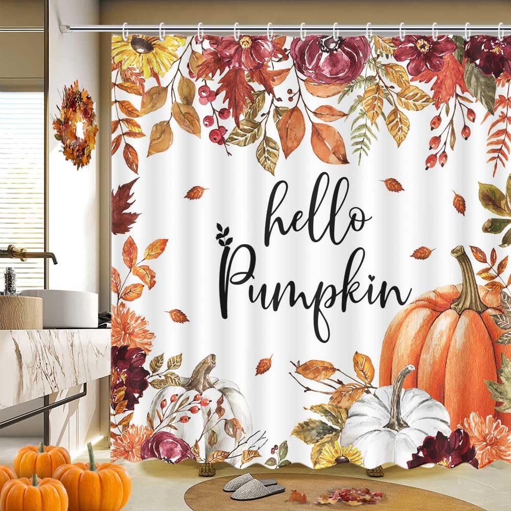 MEHOFOND Fall Pumpkin Watercolor Shower Curtain 72x72 Inch Waterproof Hooks
