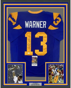 Framed Autographed/Signed Kurt Warner St. Louis 35x39 Blue Football Jersey JSA COA