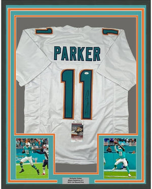 Framed Autographed/Signed Devante Parker 35x39 Miami White Football Jersey JSA COA