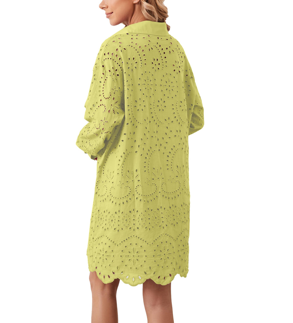 AIHUKOCY Women Hollow Out Button Down V Neck Long Sleeve Mini Dress Yellow M