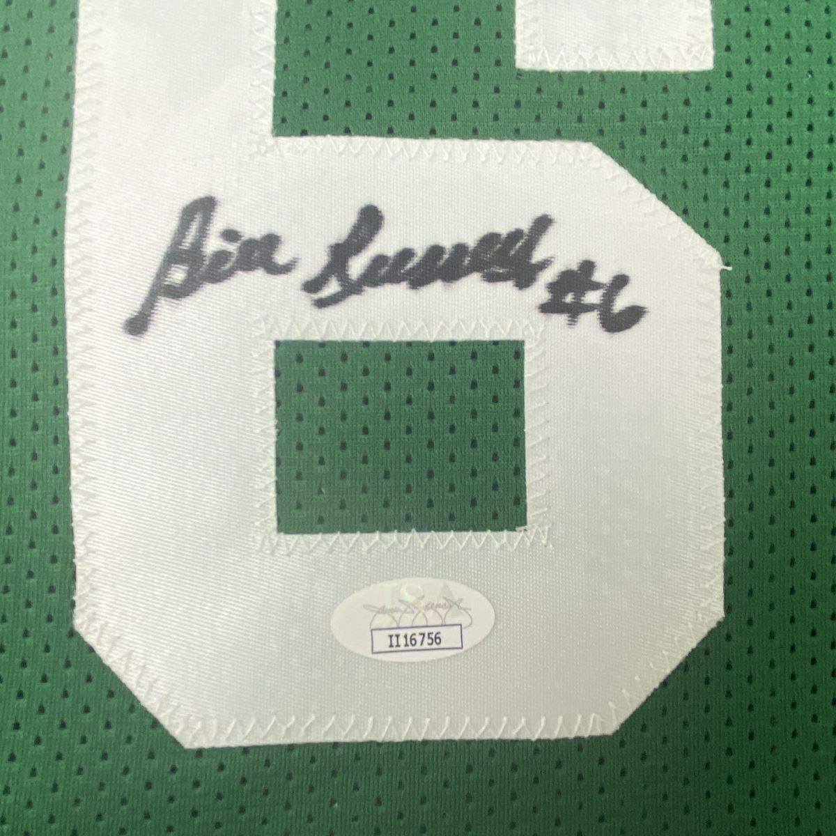 Framed Autographed/Signed Bill Russell 35x39 Boston Green Basketball Jersey JSA COA