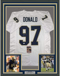Framed Autographed/Signed Aaron Donald 35x39 Pittsburgh White College Football Jersey JSA COA