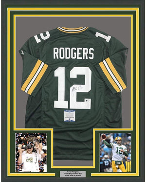 Framed Autographed/Signed Aaron Rodgers 35x39 Green Bay Green Football Jersey Beckett BAS COA