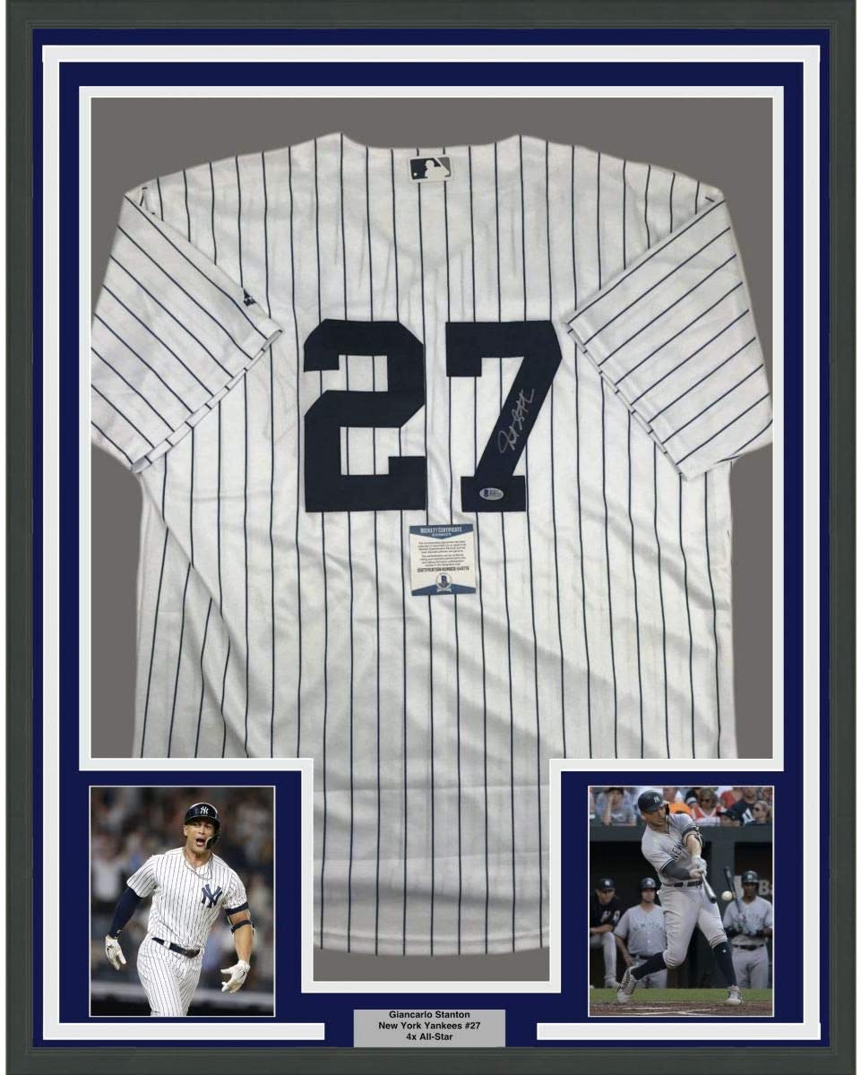 Framed Autographed/Signed Giancarlo Stanton 35x39 New York Pinstripe Baseball Jersey Beckett BAS COA