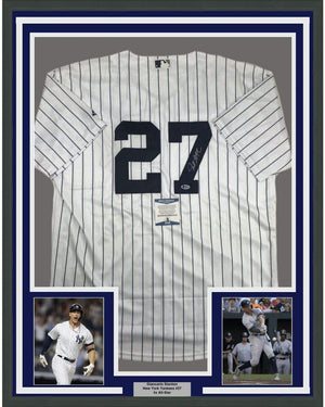 Framed Autographed/Signed Giancarlo Stanton 35x39 New York Pinstripe Baseball Jersey Beckett BAS COA
