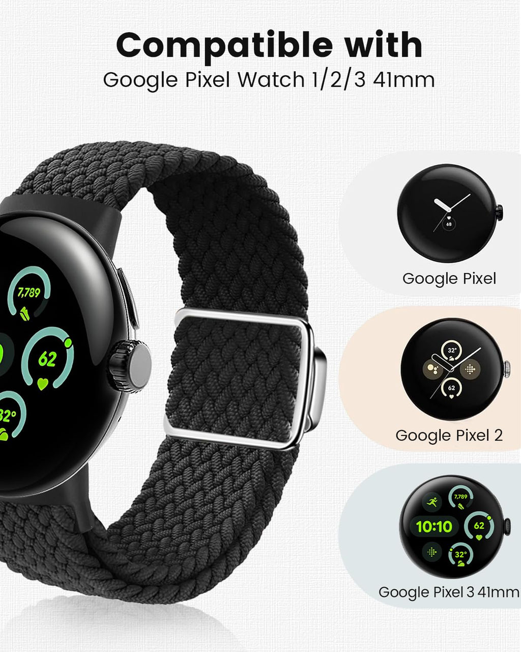 MAKCPOIMER Braided Nylon Strap for Google Pixel Watch 1/2/3 41mm Starlight