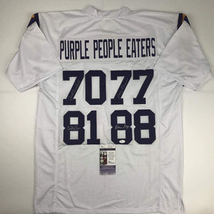 Autographed/Signed Purple People Eaters Minnesota White Football Jersey JSA COA