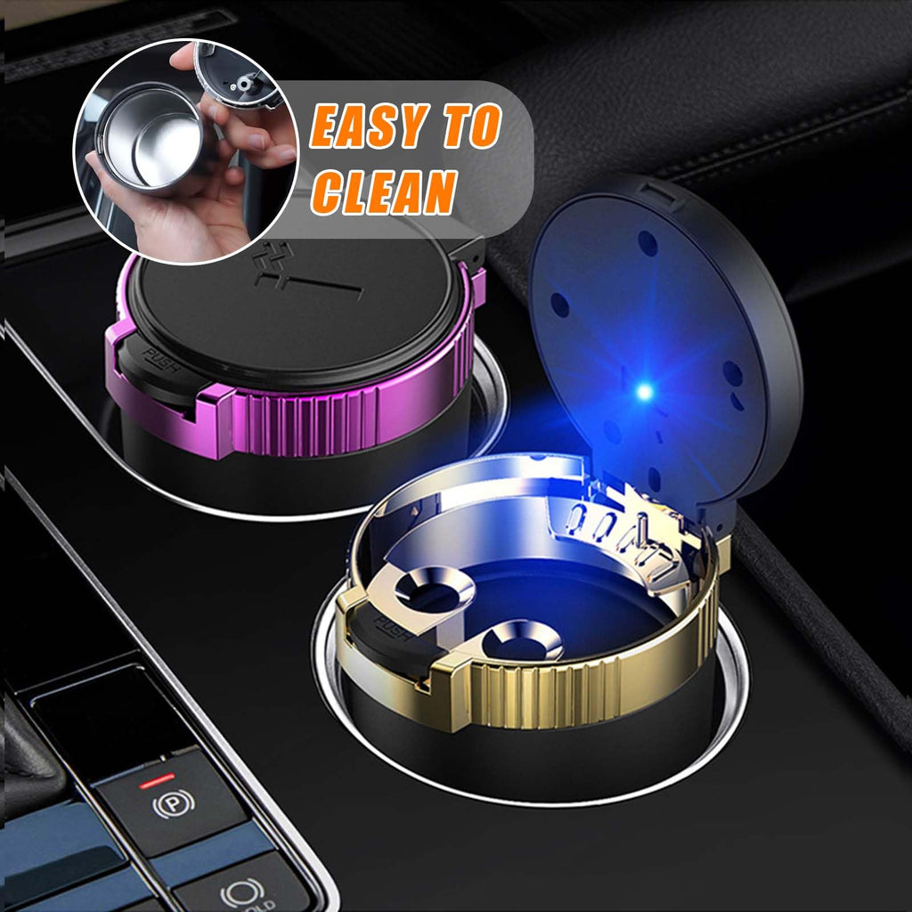 Kewucn Car Ashtray with Lid Portable Stainless Steel LED Blue Light Gold