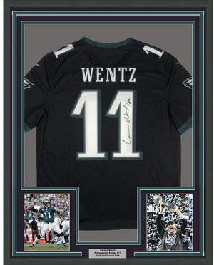 Framed Autographed/Signed Carson Wentz 35x39 Philadelphia Eagles Black Nike Dri Fit Football Jersey Fanatics COA