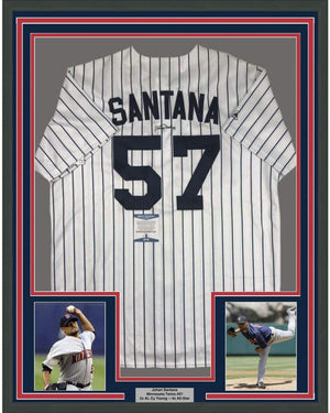 Framed Autographed/Signed Johan Santana 35x39 Minnesota Pinstripe Baseball Jersey Beckett BAS COA