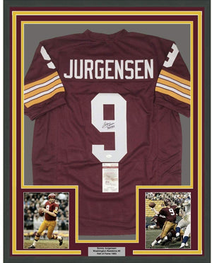 Framed Autographed/Signed Sonny Jurgensen HOF 83 35x39 Washington Burgundy Football Jersey JSA COA