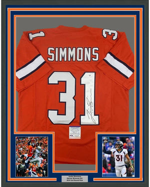 Framed Autographed/Signed Justin Simmons 35x39 Denver Retro Orange Football Jersey PSA/DNA COA
