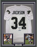 Framed Autographed/Signed Bo Jackson 35x39 Oakland White Football Jersey Beckett BAS COA