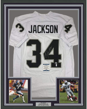 Framed Autographed/Signed Bo Jackson 35x39 Oakland White Football Jersey Beckett BAS COA