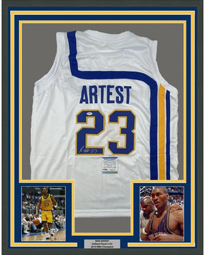 Framed Autographed/Signed Ron Artest Metta World Peace 35x39 Indiana White Basketball Jersey PSA/DNA COA