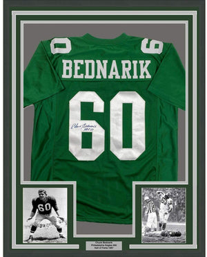 Framed Autographed/Signed Chuck Bednarik HOF 67 35x39 Philadelphia Kelly Green Football Jersey JSA COA