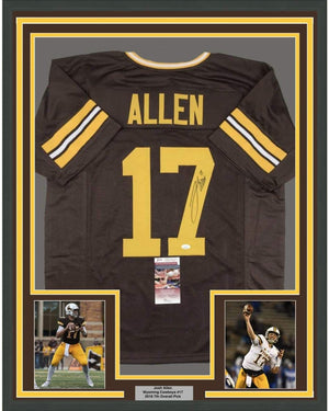 Framed Autographed/Signed Josh Allen 35x39 Wyoming Brown College Football Jersey JSA COA
