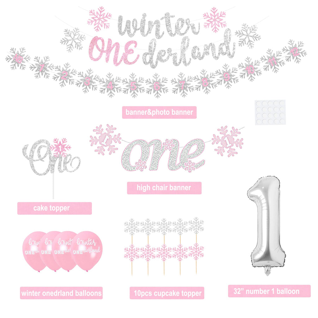Shempeium Winter Onederland 1st Girl Banner Snowflake Pink Garland
