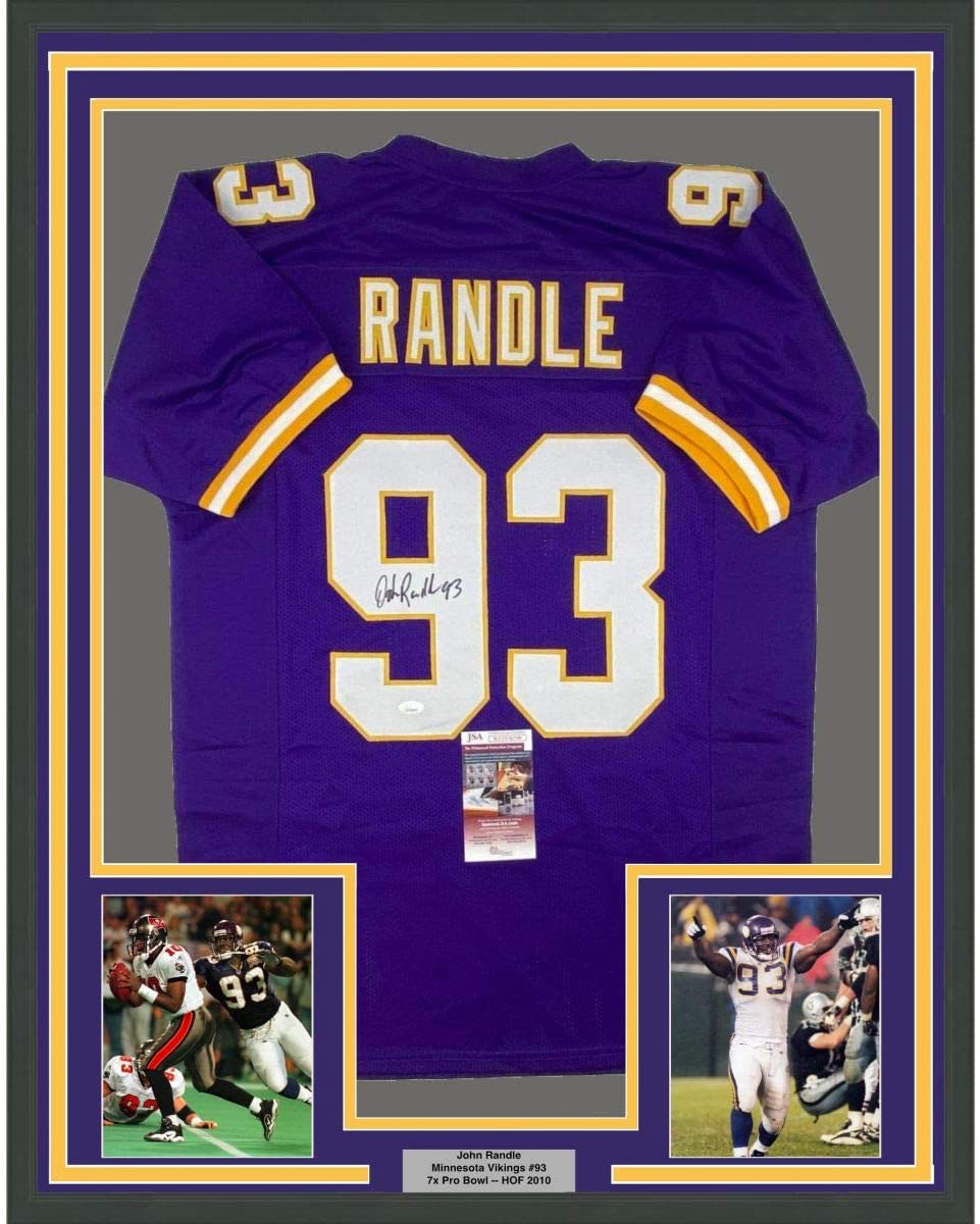 Framed Autographed/Signed John Randle 35x39 Minnesota Purple Football Jersey JSA COA