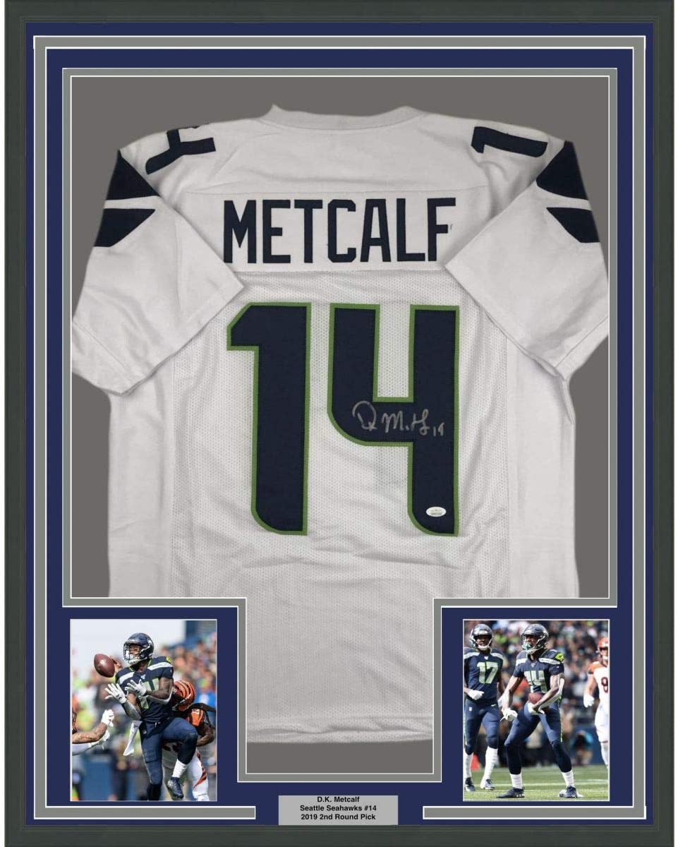 Framed Autographed/Signed DK D.K. Metcalf 35x39 Seattle White Football Jersey JSA COA