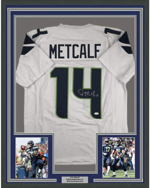 Framed Autographed/Signed DK D.K. Metcalf 35x39 Seattle White Football Jersey JSA COA