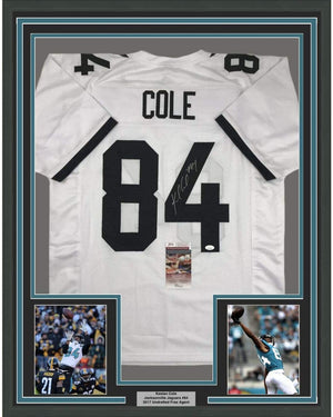 Framed Autographed/Signed Keelan Cole 35x39 Jacksonville White Football Jersey JSA COA