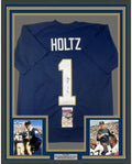Framed Autographed/Signed Lou Holtz 35x39 Notre Dame Blue College Football Jersey JSA COA