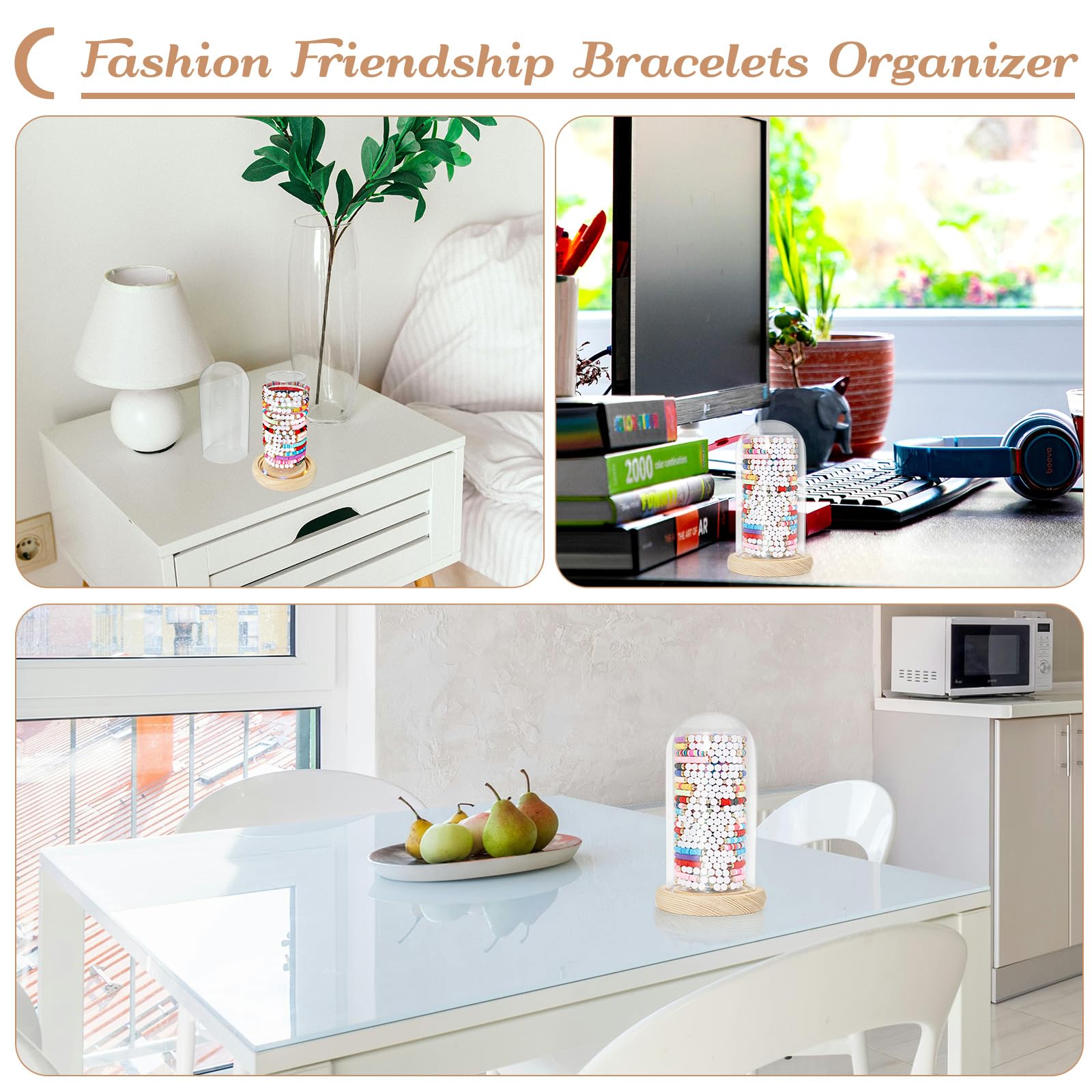 Aolamegs Friendship Bracelets Organizer with Lights Transparent Rustic Wood Base