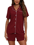 ZMJ Womens Pajama Sets 2 Piece Lounge Sets Short Sleeve Top and Shorts Pj Set Button Down Sleepwear Outfits Wine Red, S