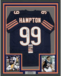 Framed Autographed/Signed Dan Hampton HOF 2002 35x39 Chicago Blue Football Jersey JSA COA