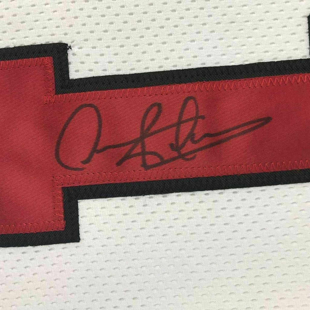 Framed Autographed/Signed Dennis Rodman 35x39 Chicago White Basketball Jersey JSA COA